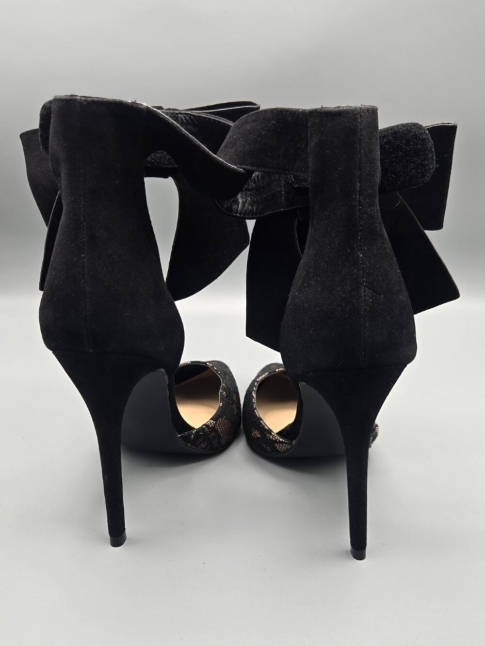 ShoeDazzle Lacella Black Lace Nude Bow Ankle Strap Pumps Heels Women's Size 10 - Picture 7 of 8
